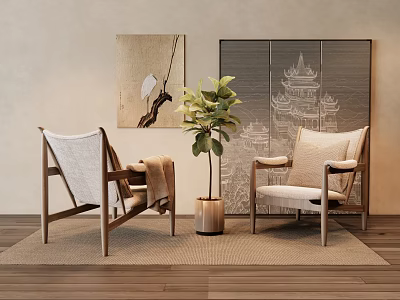 Stylish Leisure Chairs With Wooden Frames Potted Plant And Decorative Paintings On Wooden Floor Rug 3d model