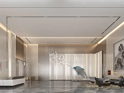 Modern Lobby Front Desk Reception Design With Crystal Decor Sculpture And Marble Floor 3d model