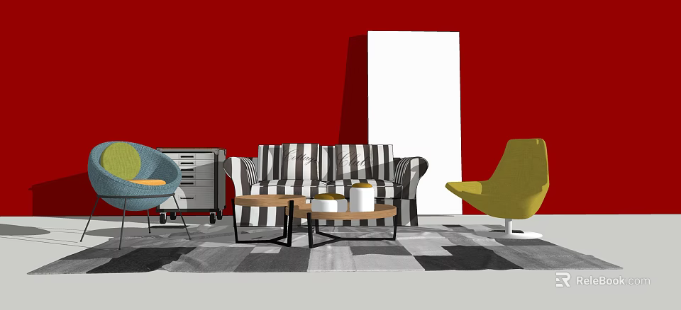 Striped Sofa Coffee Table Combination With Yellow Blue Chairs Red Wall And Checkered Rug 3d model 