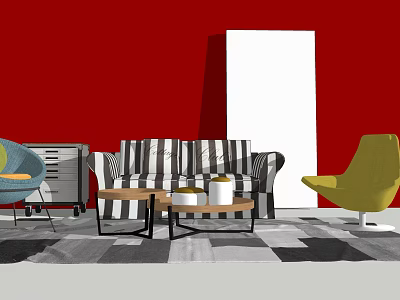 Striped Sofa Coffee Table Combination With Yellow Blue Chairs Red Wall And Checkered Rug 3d model