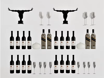 Elegant Wine Bottles and Crystal Glasses Display for Home Bar Decor 3d model