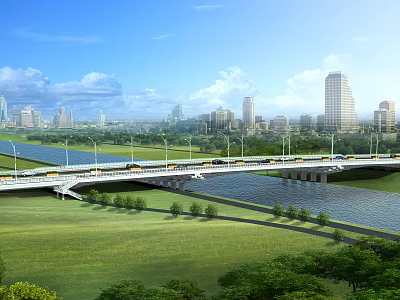 Scenic Bridge Spanning River With Green Grass Trees Vehicles And City Skyline 3d model