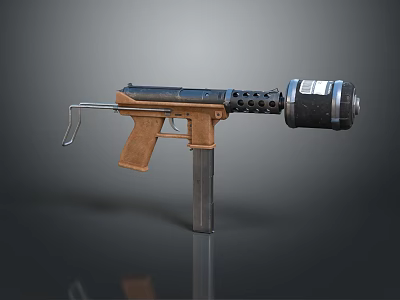 Tactical Submachine Gun With Wooden Grip Metal Barrel Detachable Magazine And Muzzle Device 3d model