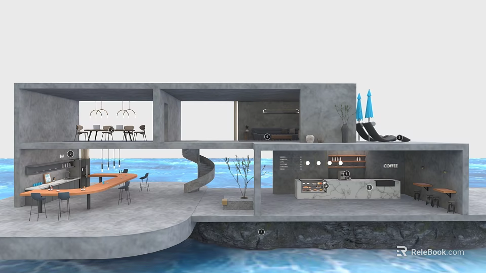 Modern Waterfront Café Concrete Design Open Layout Ocean View Bar Seating Blue Umbrellas 3d model 