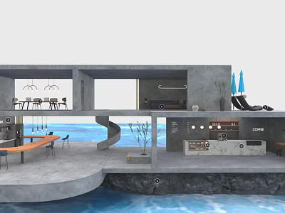 Modern Waterfront Café Concrete Design Open Layout Ocean View Bar Seating Blue Umbrellas 3d model