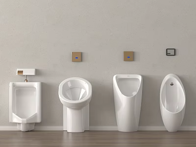 Various Modern Urinal Designs With Wall Mounted Styles And Wooden Floor In Bathroom 3d model
