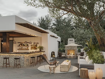 Modern Outdoor Café With Stone Bar Counter Stools Fireplace And Olive Tree 3d model