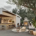 Modern Outdoor Café With Stone Bar Counter Stools Fireplace And Olive Tree