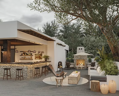 Modern Outdoor Café With Stone Bar Counter Stools Fireplace And Olive Tree 3d model
