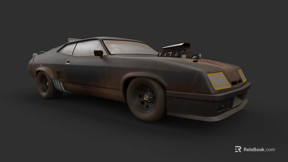 Rusty Modified Classic Muscle Car With Exposed Engine And Yellow Headlights 3d model 