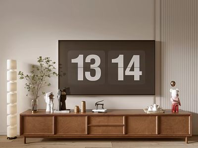 Modern Wooden TV Stand With Television On Top And Decorative Plants Nearby 3d model