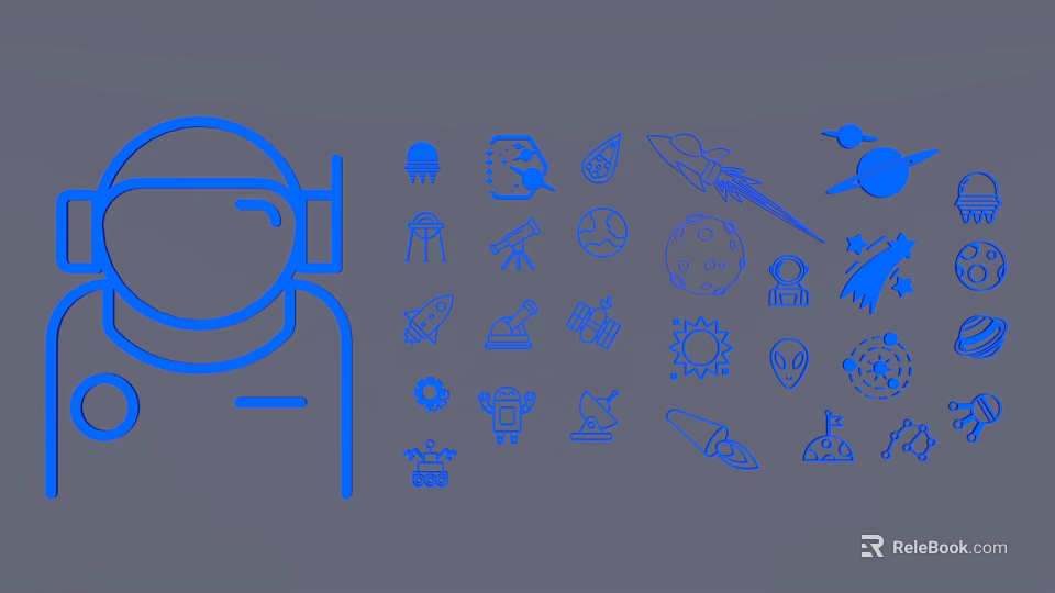 Blue Line Art Astronaut Helmet With Space Icons Rocket Planet And Satellite 3d model 