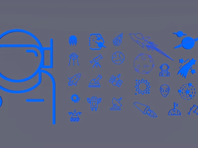 Blue Line Art Astronaut Helmet With Space Icons Rocket Planet And Satellite 3d model