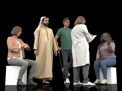 Multi-person character scene atmosphere dialogue doctor looks at time business crutch Arab UAE foreign student character standing 3d model