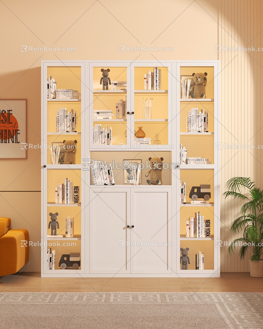 Wrought Iron Bookcase Floor-standing Wall-leaning Household Children's Living Room Simple Glass Door Dustproof Short Steel Bookshelf 3d model