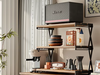 Industrial Metal And Wood Shelving Unit With Marshall Speaker Stacked Plates Cereal Boxes Coffee Machine 3d model