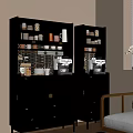 Warm Home Corner With Brown Glass Door Cabinets Coffee Machine And Sofa
