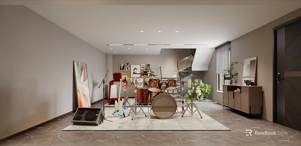 Modern Entertainment Room Interior With Musical Instruments Guitar Drum Set Spiral Staircase Artwork And Plants 3d model 