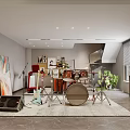 Modern Entertainment Room Interior With Musical Instruments Guitar Drum Set Spiral Staircase Artwork And Plants