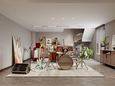 Modern Entertainment Room Interior With Musical Instruments Guitar Drum Set Spiral Staircase Artwork And Plants 3d model