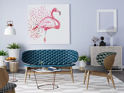 Blue Tufted Sofa And Round Coffee Table With Metal Frame Wooden Chair Flamingo Painting 3d model