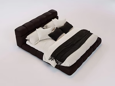 Modern Upholstered Double Bed with White Sheets Black Pillows and Throw Blanket 3d model