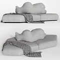 Modern Gray Fabric Sectional Sofa With Plush Cushions And Checkered Blanket 3d model