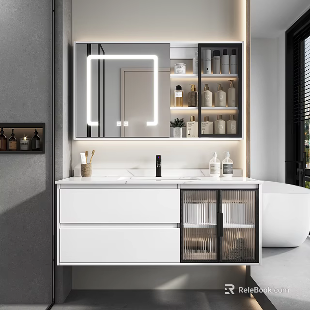 Sleek White Bathroom Vanity With Backlit Mirror Glass Door Cabinets And Bathtub 3d model 