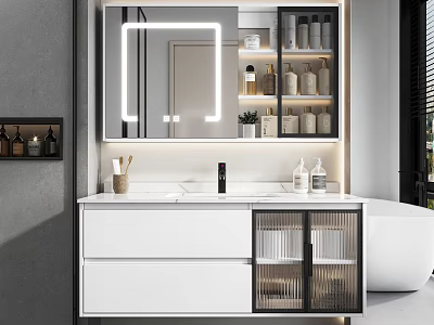 Sleek White Bathroom Vanity With Backlit Mirror Glass Door Cabinets And Bathtub 3d model