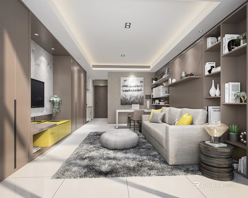 Modern Living Dining Room Interior With Gray Sofa Yellow Cushions Round Rug And Bookshelves 3d model 