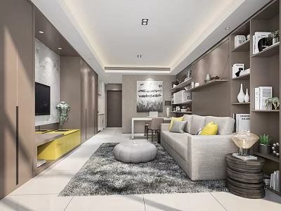 Modern Living Dining Room Interior With Gray Sofa Yellow Cushions Round Rug And Bookshelves 3d model