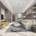 Modern Living Dining Room Interior With Gray Sofa Yellow Cushions Round Rug And Bookshelves