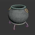 Metallic Cauldron With Three Legs And Brass Handles On Black Reflective Surface