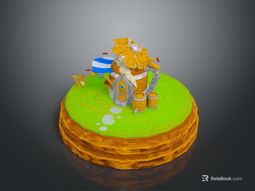 Scenic Small Island with Green Grass Small House Yellow Roof Wooden Barrels and Stone Path 3d model 