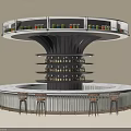 Modern Circular Bar With Multi Tiered Shelves Holding Bottles Drinks And Stylish Bar Stools