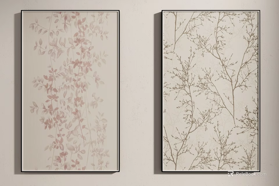 Two Panel Decorative Wall Art with Pink Vine Leaves and Brown Branches for Home Interior 3d model 