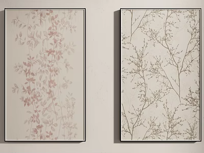 Two Panel Decorative Wall Art with Pink Vine Leaves and Brown Branches for Home Interior 3d model