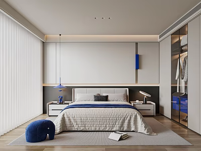 Modern Bedroom Interior Design With Bedside Tables Table Lamp Blue Stool Rug and Wardrobe 3d model