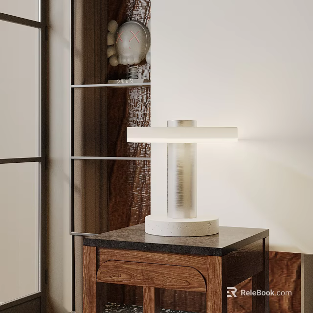 Modern Minimalist White Table Lamp On Wooden Nightstand With Black Top And Metal Shelf 3d model 