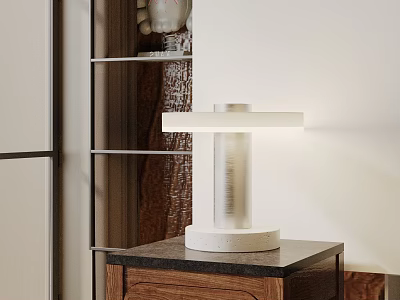 Modern Minimalist White Table Lamp On Wooden Nightstand With Black Top And Metal Shelf 3d model