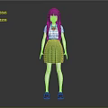 3D Character Girl With Long Black Hair White Shirt Green Pleated Skirt And Red Shoes