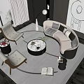 Modern Curved Sofa and Round Coffee Table Set in Modern Living Room with Armchairs and Artwork
