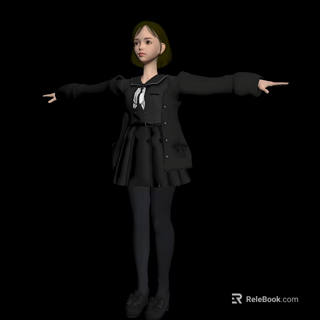 3D Model Woman In Black Coat Skirt And Bow Tie With Outstretched Arms 3d model 