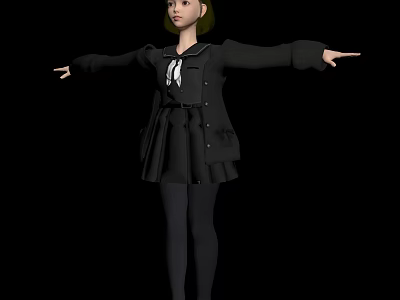 3D Model Woman In Black Coat Skirt And Bow Tie With Outstretched Arms 3d model