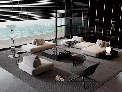Modern Living Room Sofa Coffee Table Set With Floor to Ceiling Window and Grey Rug 3d model