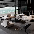 Modern Living Room Sofa Coffee Table Set With Floor to Ceiling Window and Grey Rug