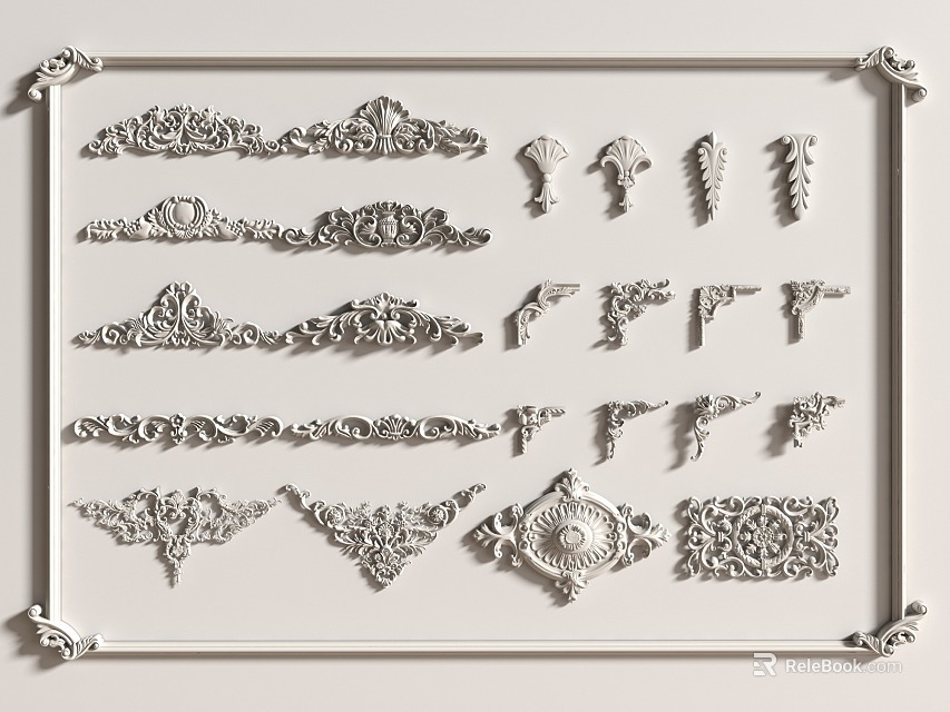 Intricate Carved Decorative Ornaments With Various Shapes And Design Details 3d model 