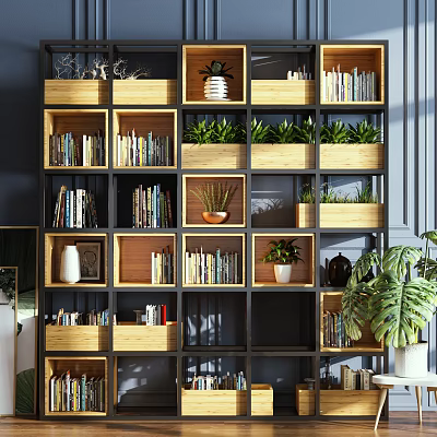 Modern Minimalist Bookcase With Wooden Black Frame Cube Shelves Holding Books Green Plants And Decorations 3d model