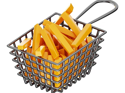 Tasty Crispy Golden French Fries Served in Metal Wire Basket 3d model
