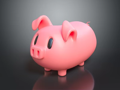 Cute Pink Chubby Piggy Bank Character With Big Ears And Black Eyes On Reflective Surface 3d model